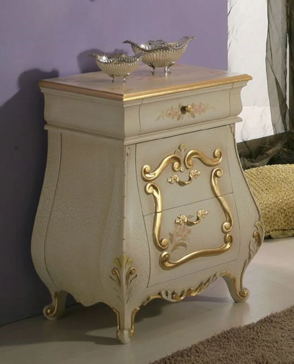 Luxus Barock Nachtkommode mit 3 Schubladen Creme / Gold - Handgefertigter Barock Nachttisch - Barock Schlafzimmer Möbel - Luxus Möbel in Barockstil - Luxus Qualität - Made in Italy