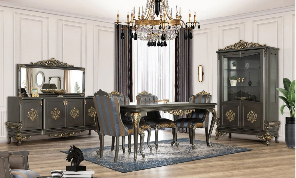 Luxus Barock Esstisch Grau / Gold - Edler Massivholz Esszimmertisch - Barock Esszimmer Möbel - Edel & Prunkvoll