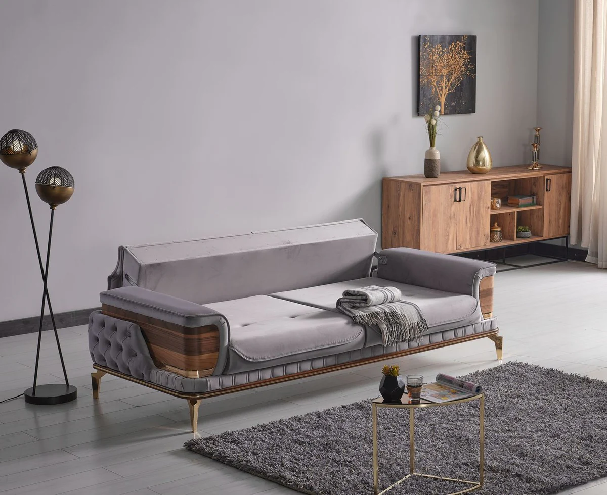 Luxus Schlafsofa Grau / Braun / Gold 232 x 92 x H. 85 cm - Wohnzimmer Sofa mit 2 Kissen - Luxus Wohnzimmer Möbel