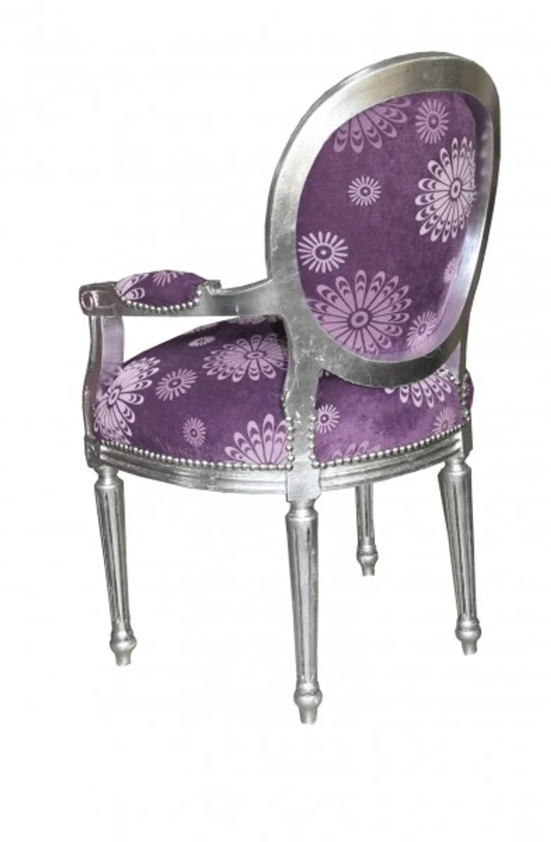 Luxus Barock Salon Stuhl Lila Blumen Muster / Silber Mod2 Rund Möbel