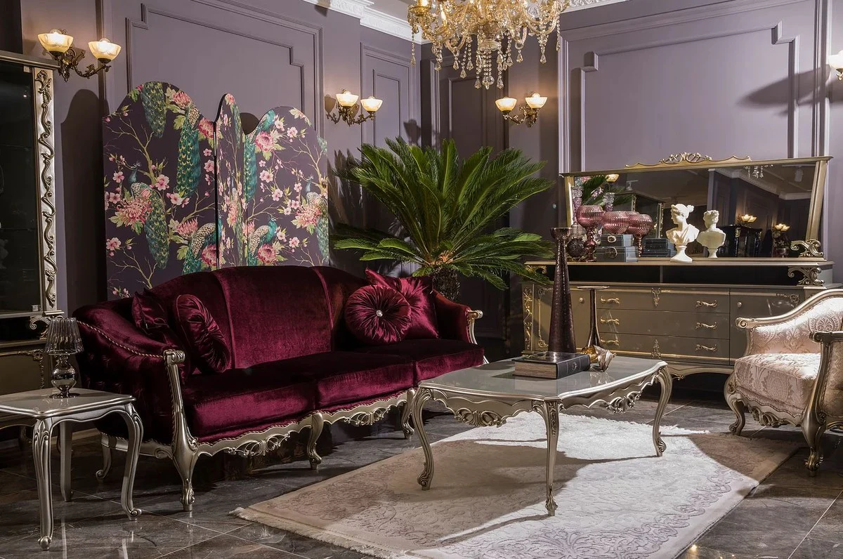 Luxus Barock Couchtisch Silber 122 x 71 x H. 48 cm - Massivholz Wohnzimmertisch - Edle Barock Möbel