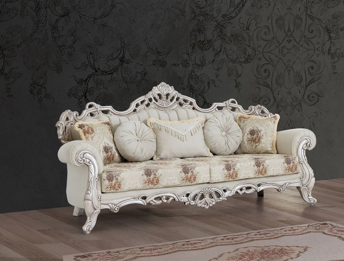 Luxus Barock Sofa Cremefarben / Beige / Mehrfarbig / Antik Weiß - Prunkvolles Wohnzimmer Sofa mit elegantem Muster - Barock Wohnzimmer Möbel