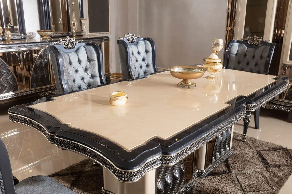 Luxus Barock Esszimmer Set Beige / Hellblau / Schwarz / Gold - 1 Barock Esstisch & 6 Barock Esszimmerstühle - Luxus Esszimmer Möbel im Barockstil - Barock Möbel - Edel & Prunkvoll