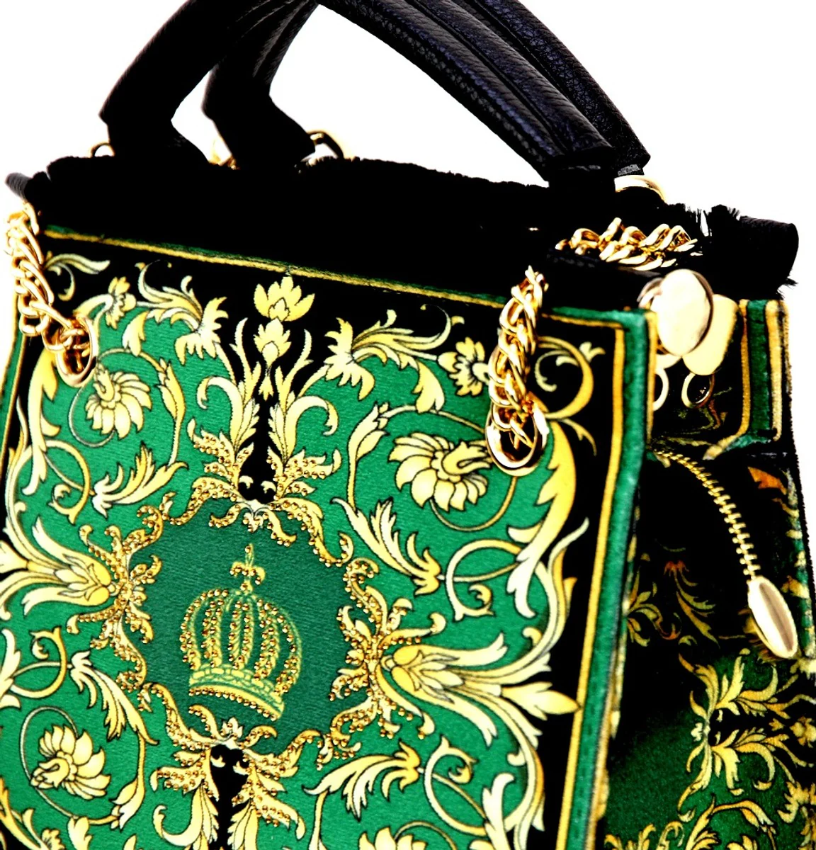 Pompöös by Luxus Damen Handtasche Baroque Flowers mit Krone und Strass Steine Grün / Schwarz / Gold 25 x H. 20 cm - designed by Harald Glööckler