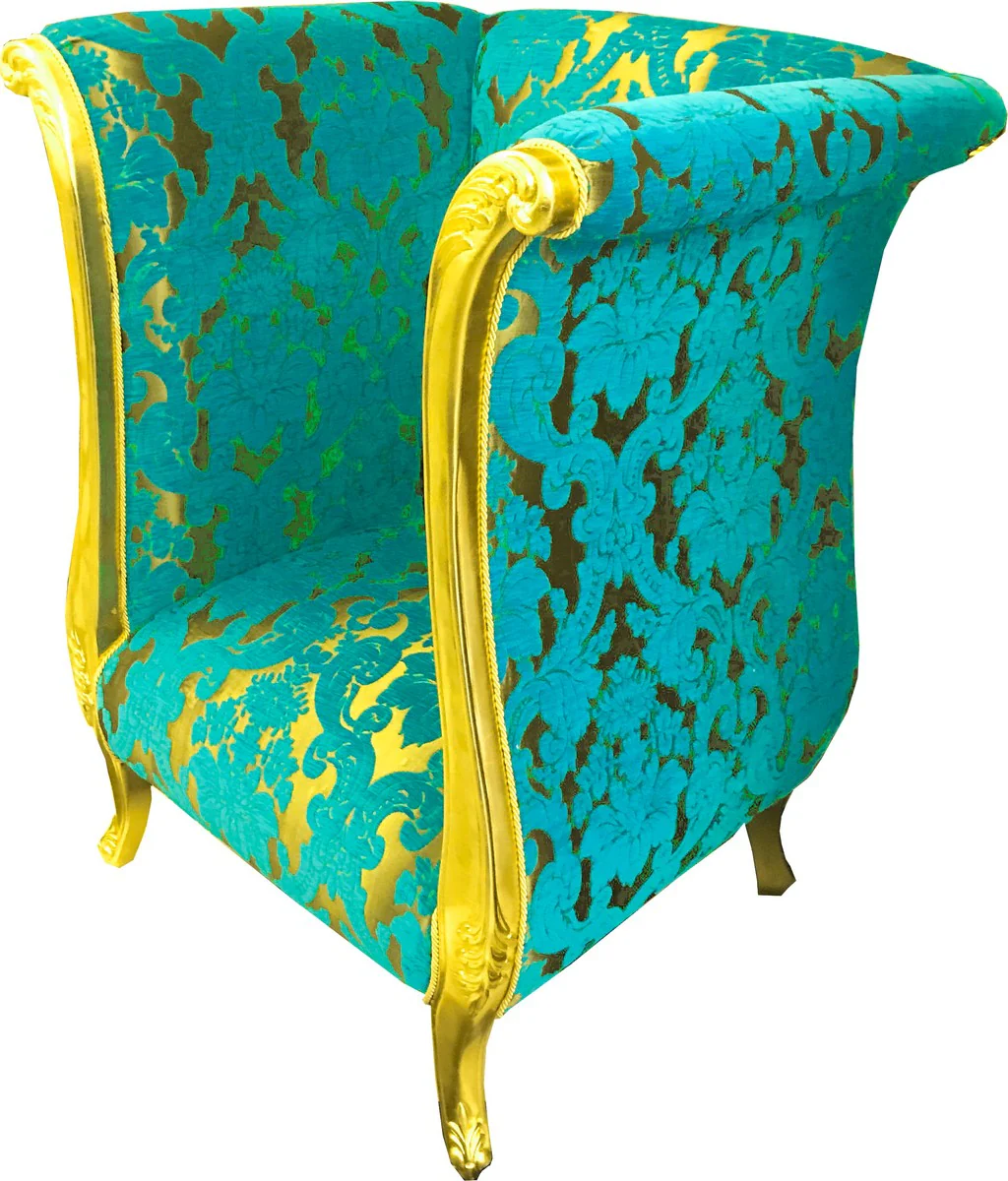 Extravaganter Pompöös by Luxus Designer Sessel von Harald Glööckler Türkis Bouquet Muster / Gold - Pompööser Barock Sessel