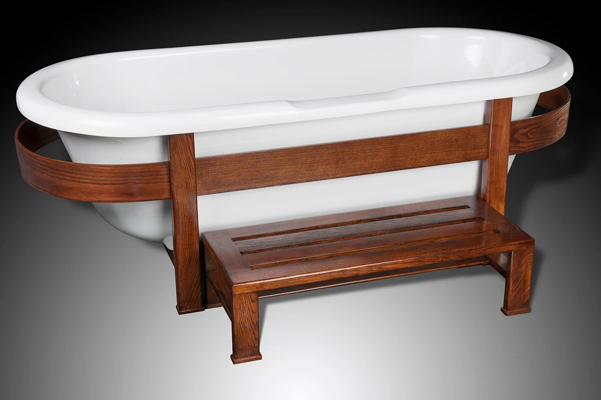 Luxus Retro Badewanne Weiß / Dunkelbraun 178 x 76 x H. 73 cm - Freistehende Badewanne mit Holzrahmen und Stufe - Retro Badezimmer Möbel