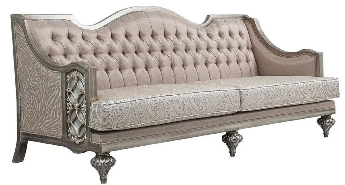 Luxus Barock Wohnzimmer Sofa Rosa / Silber - Handgefertigtes Massivholz Sofa mit elegantem Muster und dekorativen Kissen - Wohnzimmer Möbel im Barockstil