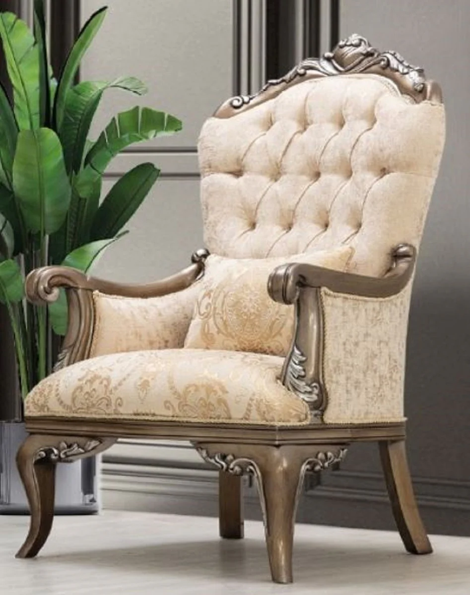 Luxus Barock Wohnzimmer Set Beige / Gold / Braun / Silber - 2 Sofas & 2 Sessel & 1 Couchtisch - Handgefertigte Barock Wohnzimmer Möbel - Edel & Prunkvoll