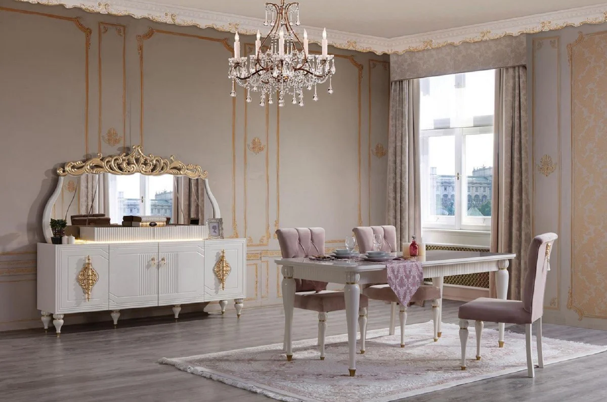 Luxus Barock Esstisch Weiß / Gold - Prunkvoller Massivholz Esszimmertisch im Barockstil - Barock Esszimmer Möbel - Luxus Esszimmer Möbel im Barockstil - Edel & Prunkvoll
