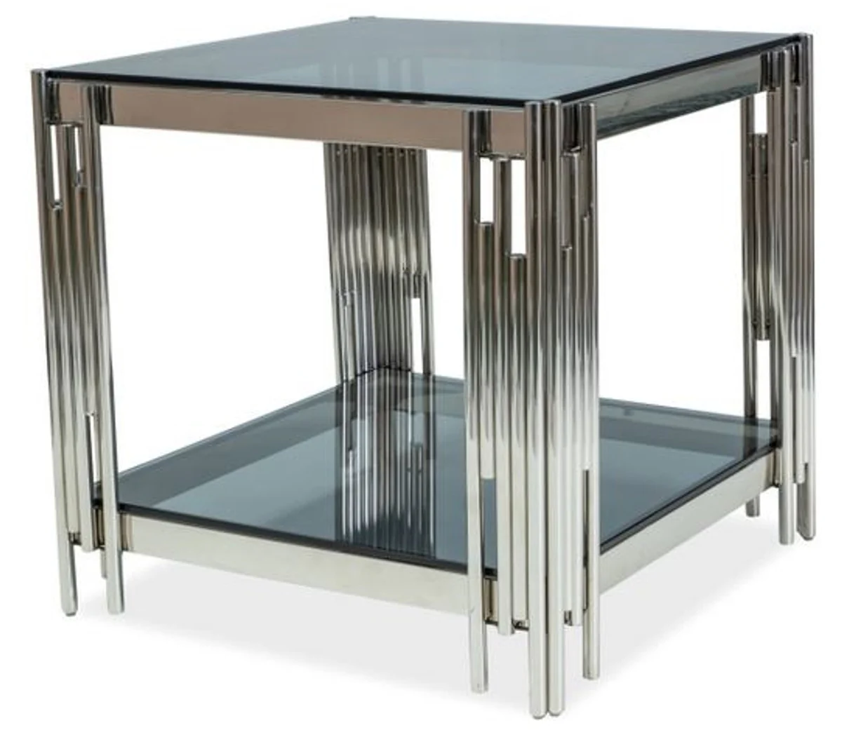 Luxus Beistelltisch Silber / Schwarz 55 x 55 x H. 55 cm - Edelstahl Tisch mit getönten Glasplatten - Luxus Möbel