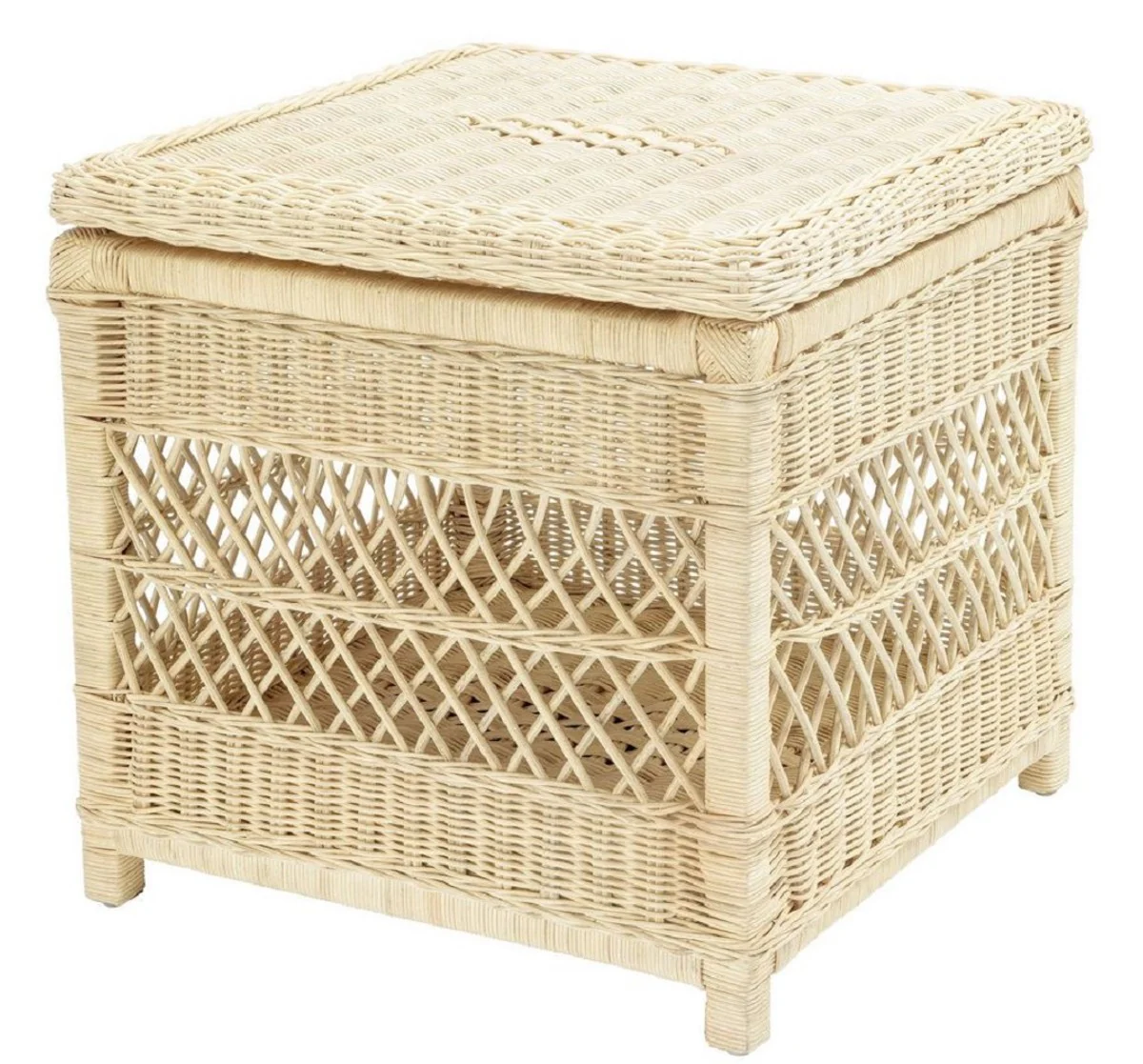 Luxus Rattan Beistelltisch mit Deckel Naturfarben 50 x 50 x H. 49,5 cm - Luxus Wohnzimmer Möbel