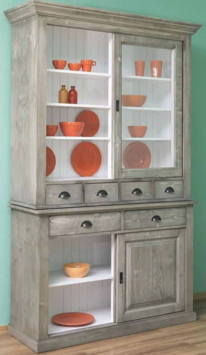 Landhausstil Küchenschrank Grau / Weiß 142 x 48 x H. 225 cm - 2 Teiliger Schrank mit 4 Schiebetüren und 6 Schubladen - Landhausstil Küchenmöbel