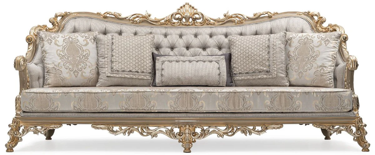 Luxus Barock Wohnzimmer Sofa Silber / Grau / Gold - Handgefertigtes Barockstil Sofa mit dekorativen Kissen - Luxus Wohnzimmer Möbel im Barockstil - Barock Möbel - Edel & Prunkvoll