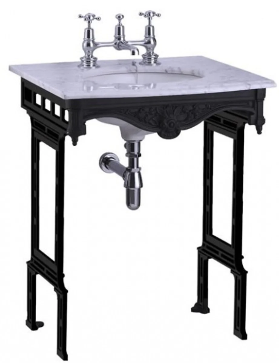 Luxus Jugendstil Stand Waschtisch Weiß / Schwarz mit Marmorplatte - Barock Waschbecken Barockstil Antik Stil