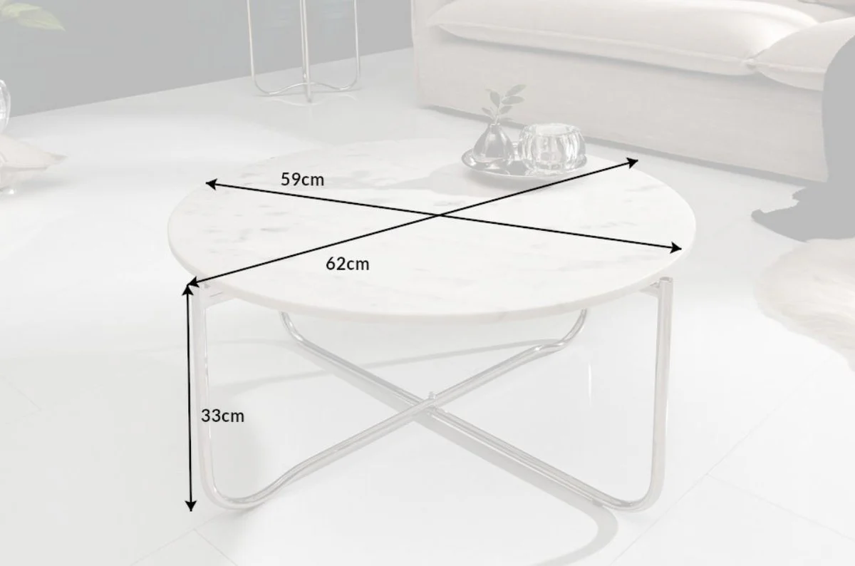 Couchtisch mit Marmorplatte Weiß / Silber Ø 62 cm - Wohnzimmer Möbel