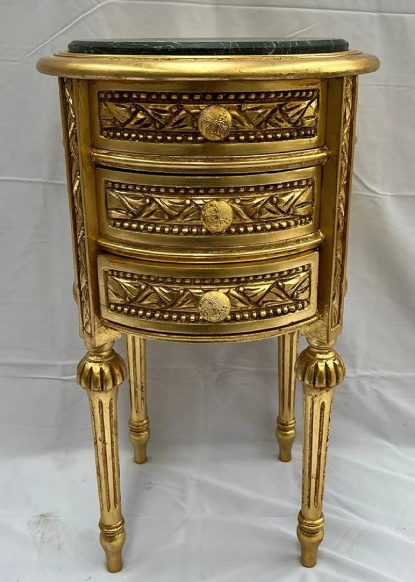Barock Nachtkommode Antik Gold / Schwarz - Runde Barockstil Kommode mit 3 Schubladen - Barock Möbel - Schlafzimmer Möbel im Barockstil - Edel & Prunkvoll