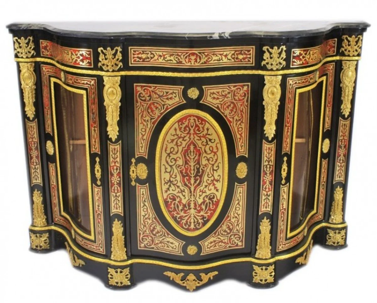 Barock Boulle Kommode Schwarz / Gold / Rot mit Marmorplatte 161 cm - Möbel Schrank Sideboard