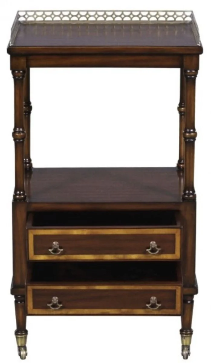 Luxus Jugendstil Beistelltisch mit 2 Schubladen Dunkelbraun / Gold 42 x 33 x H. 74 cm - Telefontisch mit Rollen