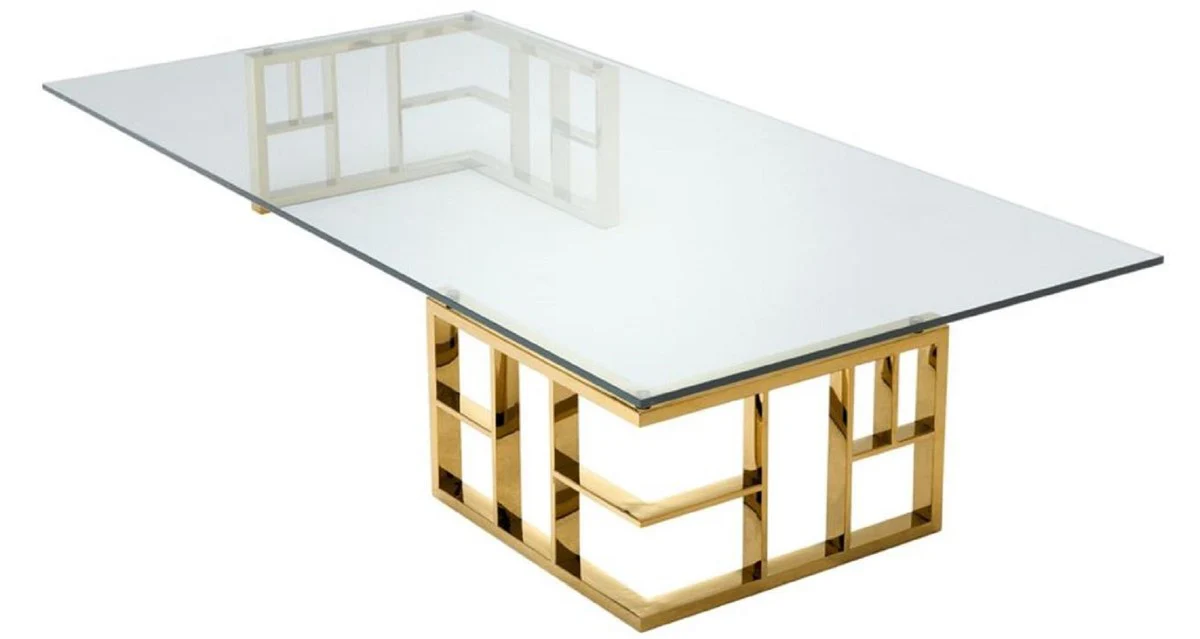 Luxus Couchtisch Gold 180 x 90 x H. 32,2 cm - Edelstahl Wohnzimmertisch mit Glasplatte - Designermöbel