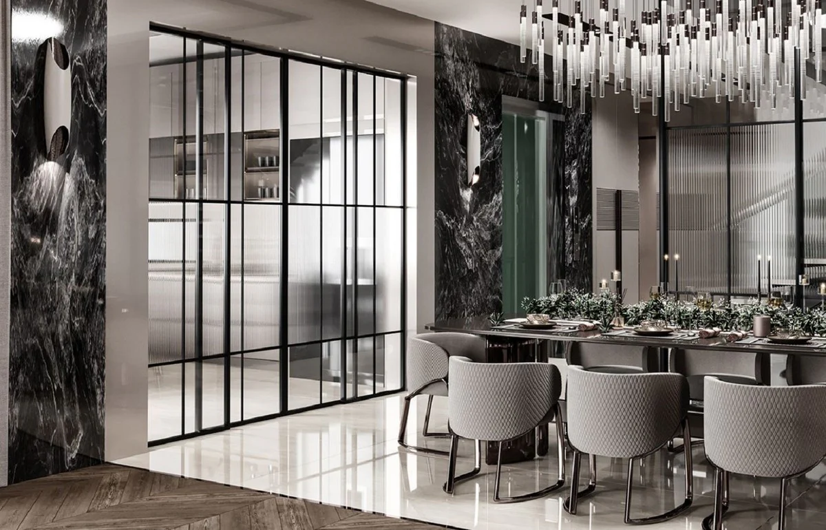 Luxus Esszimmer Set Grau / Bronze - 1 Luxus Esstisch & 8 Luxus Esszimmer Stühle mit Armlehnen - Esszimmer Möbel - Luxus Möbel - Luxus Einrichtung