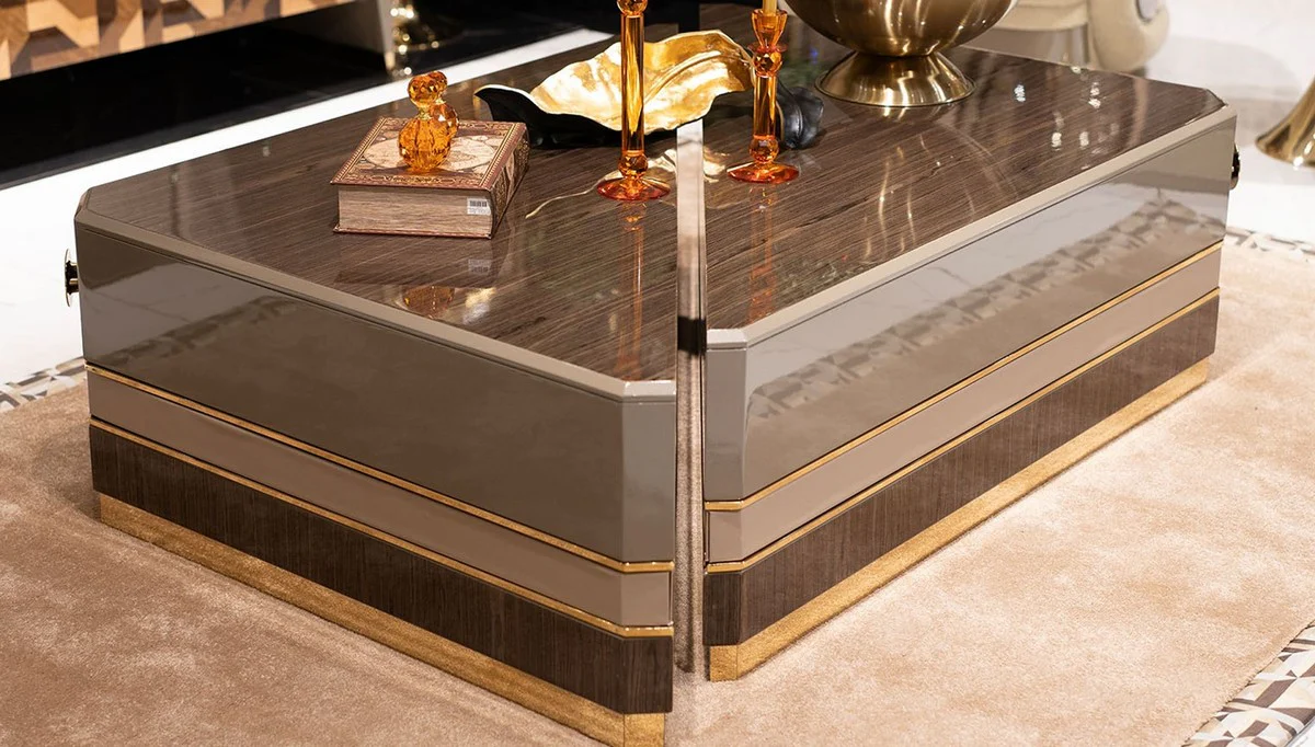 Luxus Couchtisch 2er Set Braun / Grau / Gold - Luxus Massivholz Wohnzimmertische - Wohnzimmer Möbel - Luxus Möbel