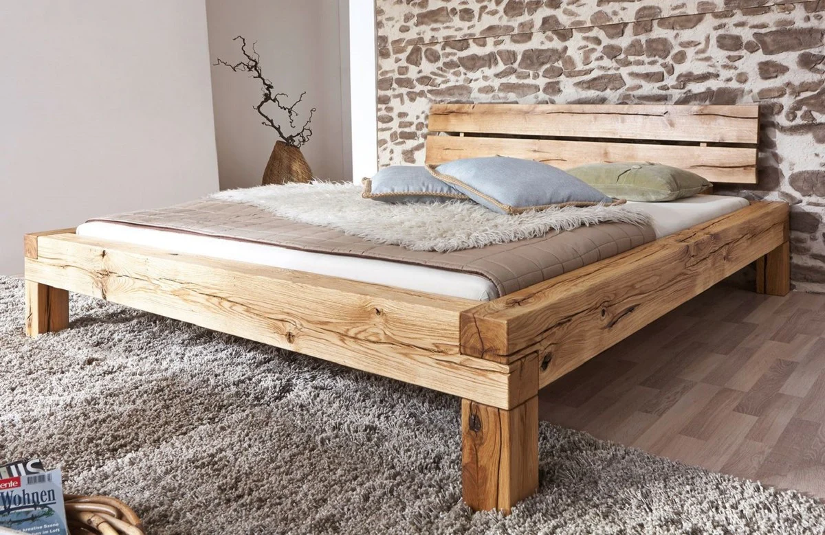 Luxus Doppelbett Naturfarben - Verschiedene Größen - Massivholz Bett mit Kopfteil und Matratze - Schlafzimmer Möbel - Hotel Möbel - Luxus Möbel - Luxus Einrichtung