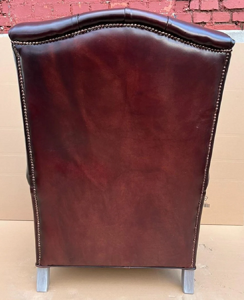 Luxus Chesterfield Ohrensessel Weinrot / Grau 90 x 90 x H. 110 cm - Echtleder Chesterfield Wohnzimmer Sessel - Wohnzimmer Möbel - Chesterfield Möbel - Luxus Möbel