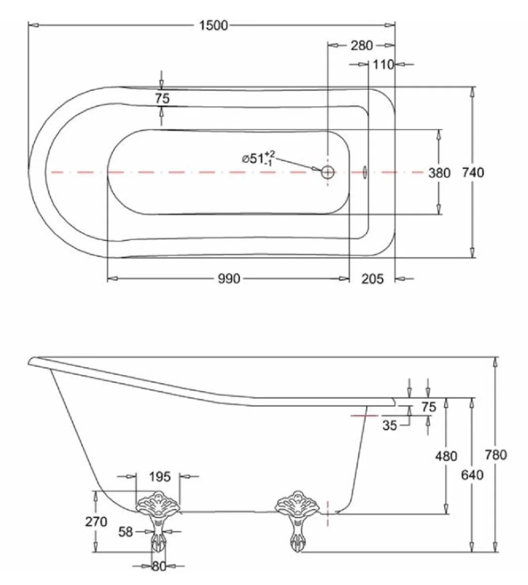 Luxus Jugendstil Badewanne Weiß / Schwarz 150 x 75 x H. 78 cm - Freistehende Retro Acryl Badewanne - Retro Badezimmer Möbel