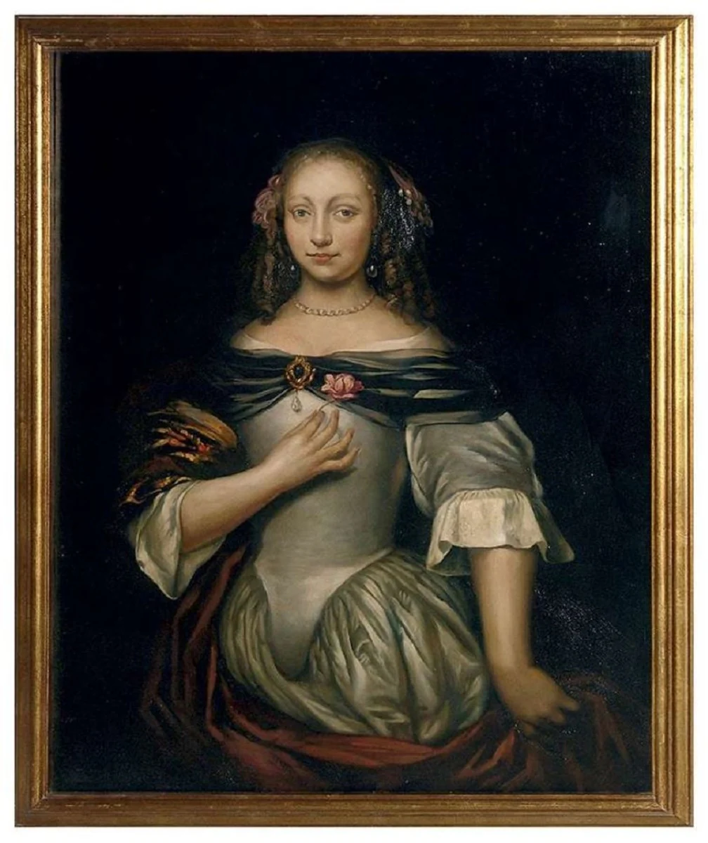 Luxus Barock Ölgemälde Dame mit Blume Mehrfarbig / Gold 100 x H. 126 cm - Handgemaltes Gemälde im Barockstil - Barock Wand Deko