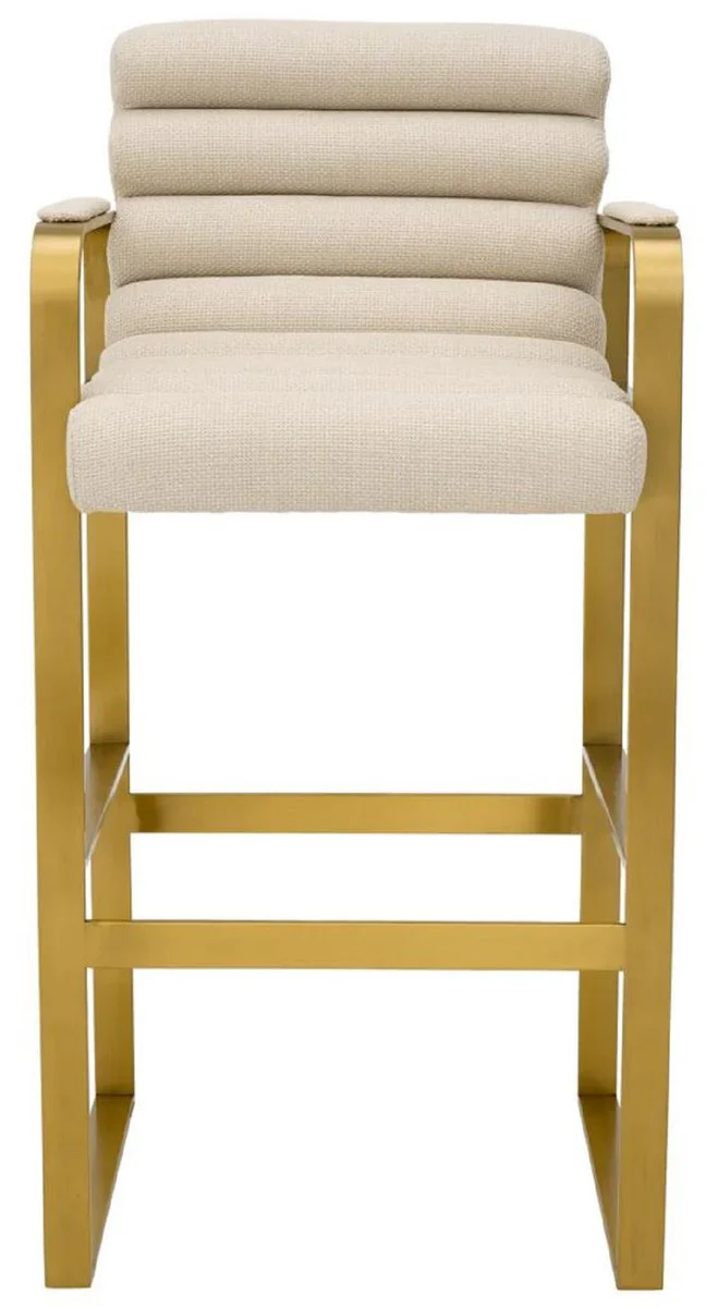 Luxus Barstuhl mit Armlehnen Sandfarben / Messing 53,5 x 57,5 x H. 107 cm - Gepolsterter Edelstahl Barhocker - Bar Möbel - Luxus Möbel - Luxus Qualität