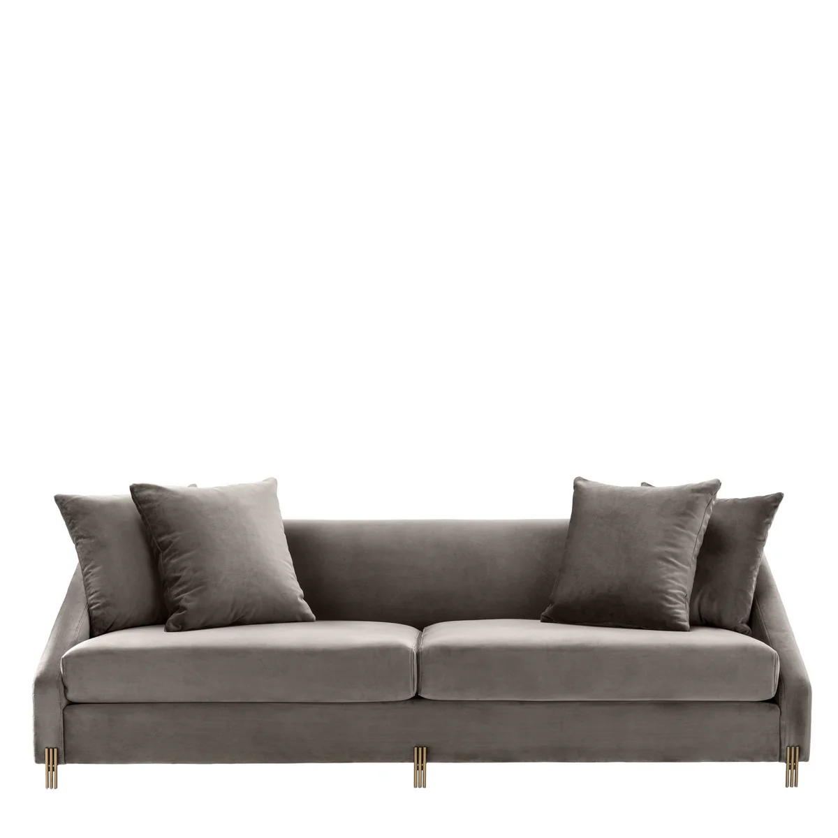 Luxus Samtsofa Grau / Messingfarben 223 x 94 x H. 73 cm - Wohnzimmer Sofa mit 4 Kissen - Luxus Möbel