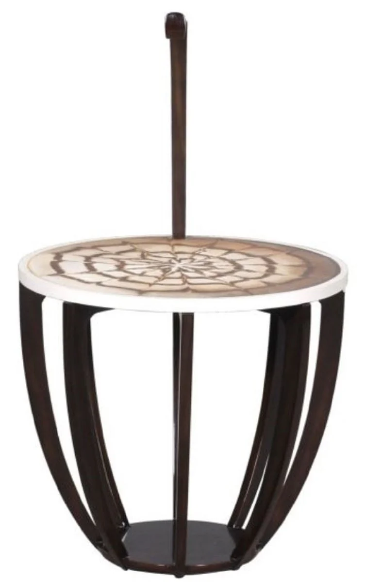 Luxus Beistelltisch Dunkelbraun / Weiß / Braun Ø 50 x H. 88 cm - Kleiner Getränke Tisch mit Tragegriff