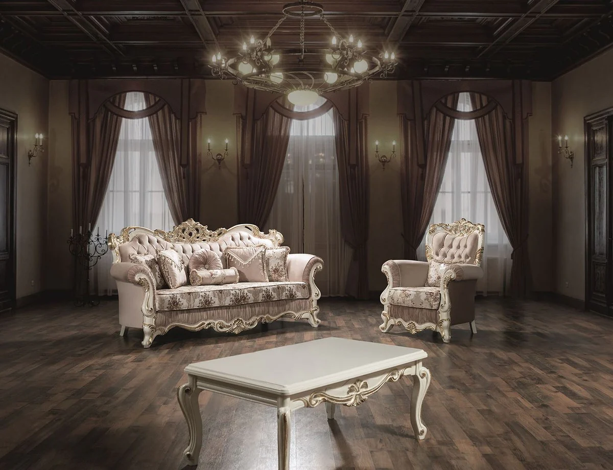 Luxus Barock Wohnzimmer Set Rosa / Weiß / Gold - 2 Sofas & 2 Sessel & 1 Couchtisch - Prunkvolle Möbel im Barockstil