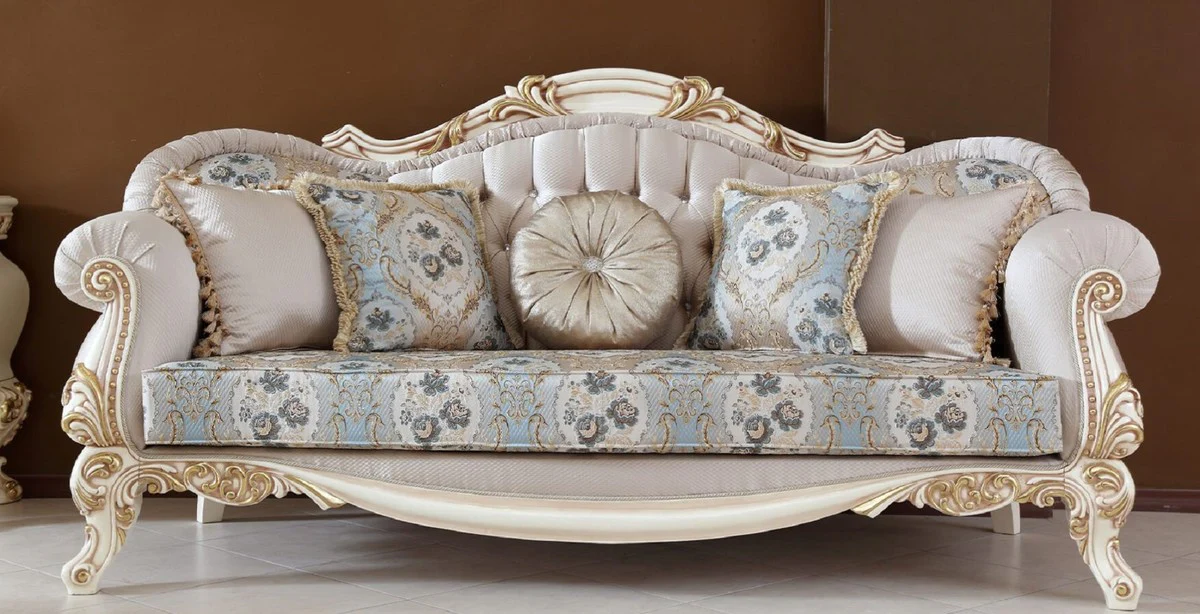 Luxus Barock Sofa Hellgrau / Mehrfarbig / Beige / Gold - Handgefertigtes Barockstil Wohnzimmer Sofa mit elegantem Muster und Glitzersteinen - Prunkvolle Barock Wohnzimmer Möbel