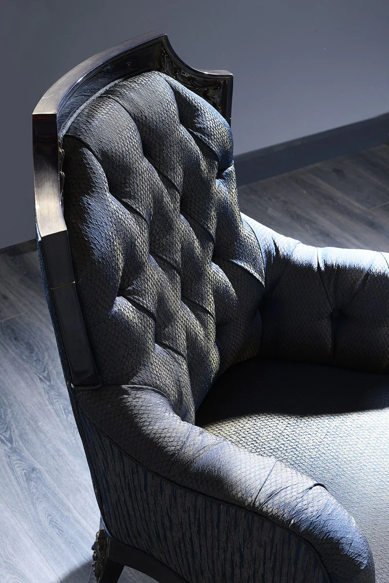 Luxus Barock Chesterfield Wohnzimmer Sessel Blau / Gold / Schwarz 74 x 88 x H. 103 cm - Barockmöbel