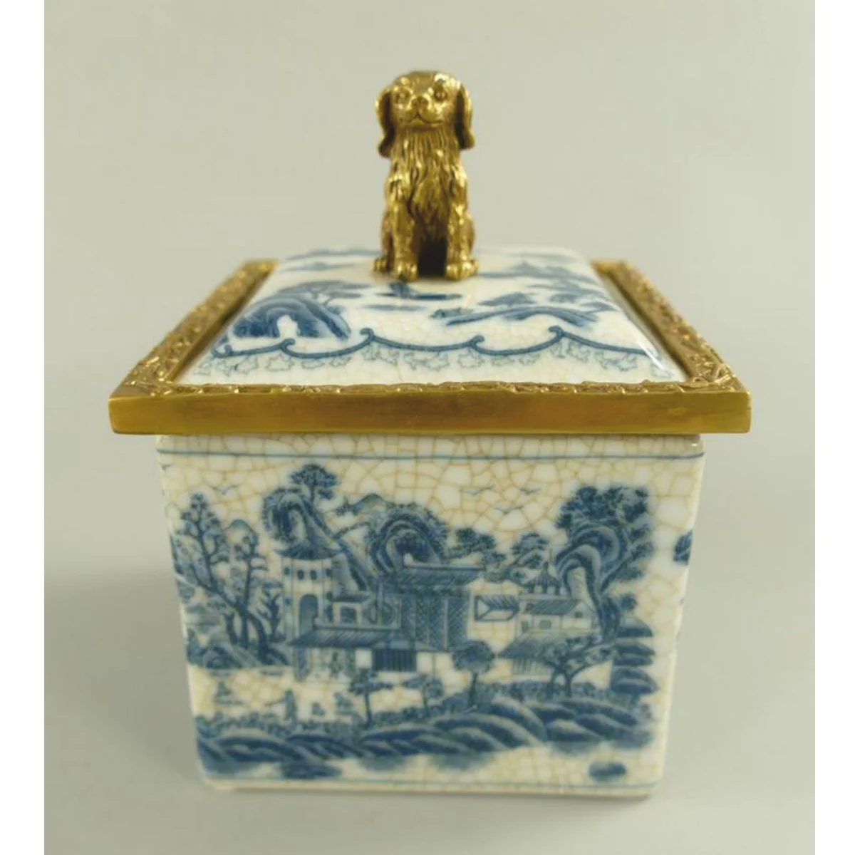 Barock Porzellan Zuckerdose mit Deckel Creme / Blau / Messing 10 x 10 x H. 13 cm