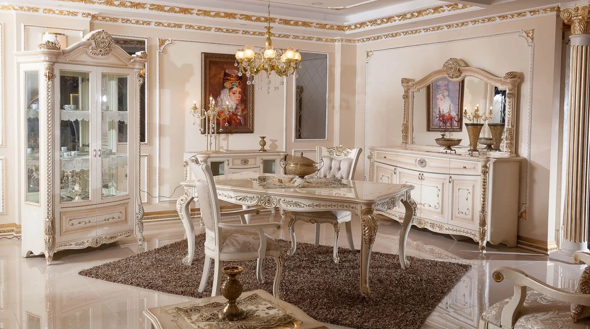 Luxus Barock Esszimmer Set Grau / Weiß / Beige / Gold - 1 Barock Esstisch & 6 Barock Esszimmerstühle - Luxus Esszimmer Möbel im Barockstil - Prunkvolle Barock Esszimmer Möbel
