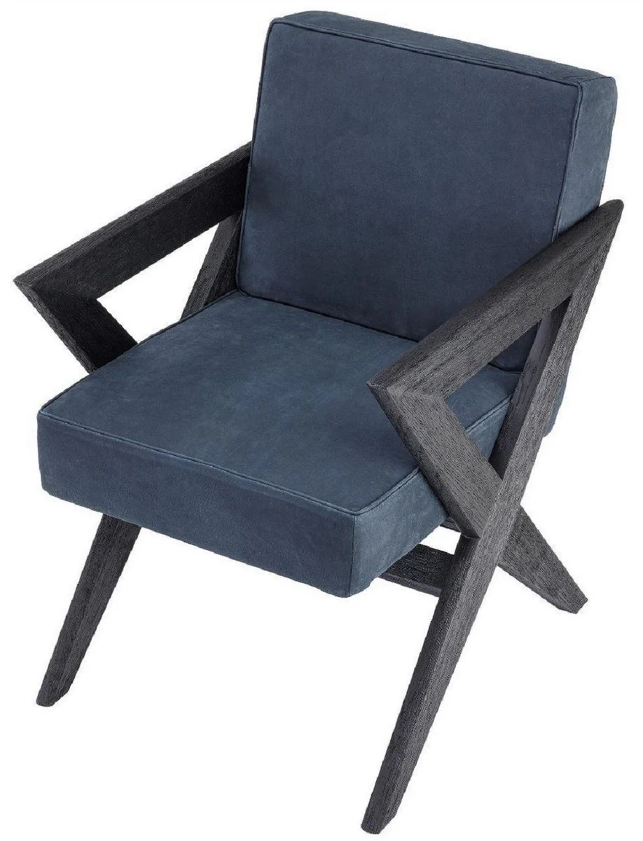 Luxus Echtleder Esszimmerstuhl mit Armlehnen Blau / Schwarz 59 x 74 x H. 88 cm - Küchenstuhl mit edlem Nubuk Büffelleder - Luxus Esszimmer Möbel