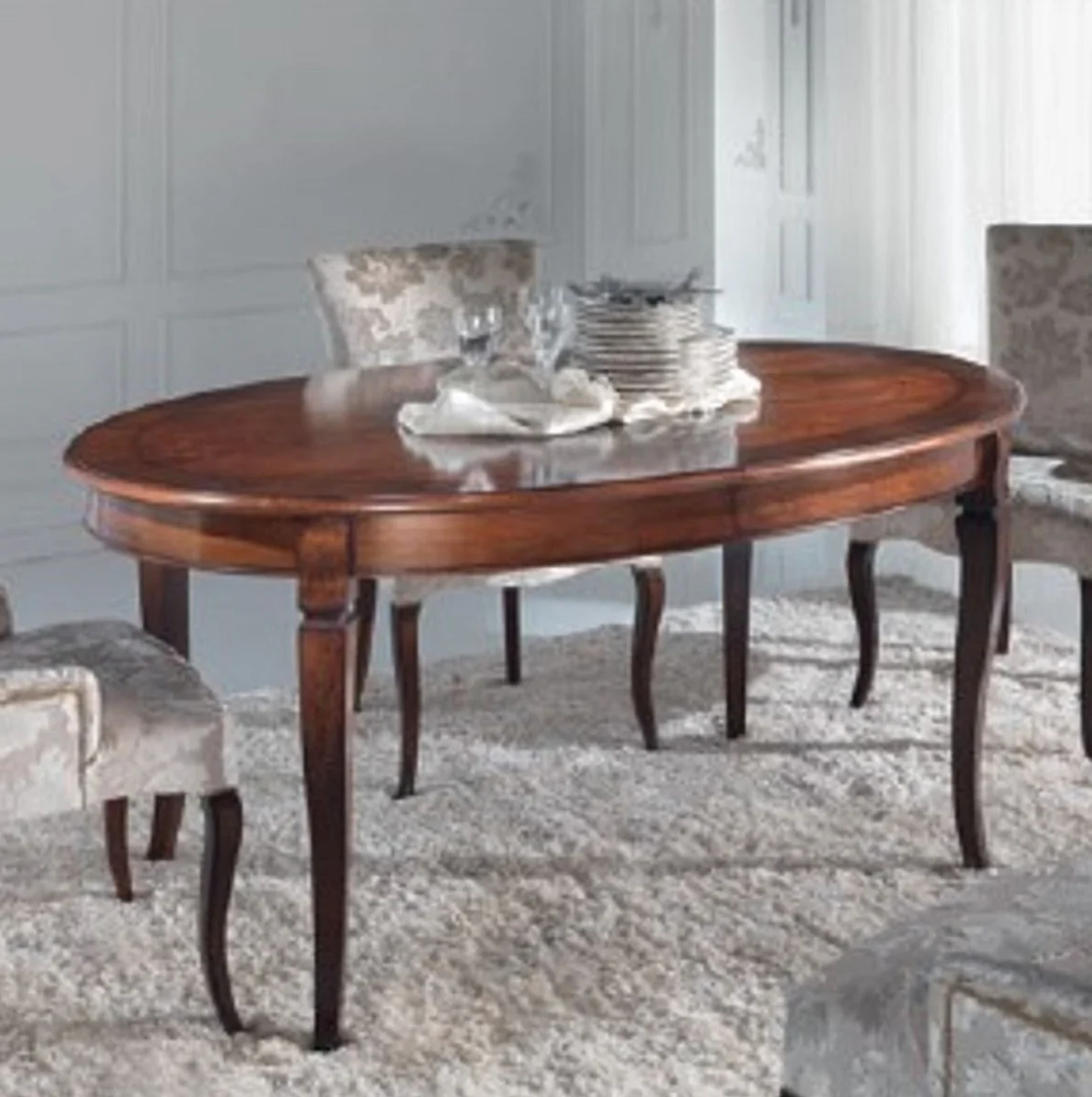 Luxus Barock Esstisch Dunkelbraun Intarsien - Ovaler ausziehbarer Massivholz Esszimmertisch im Barockstil - Barock Esszimmer Möbel - Luxus Qualität - Made in Italy