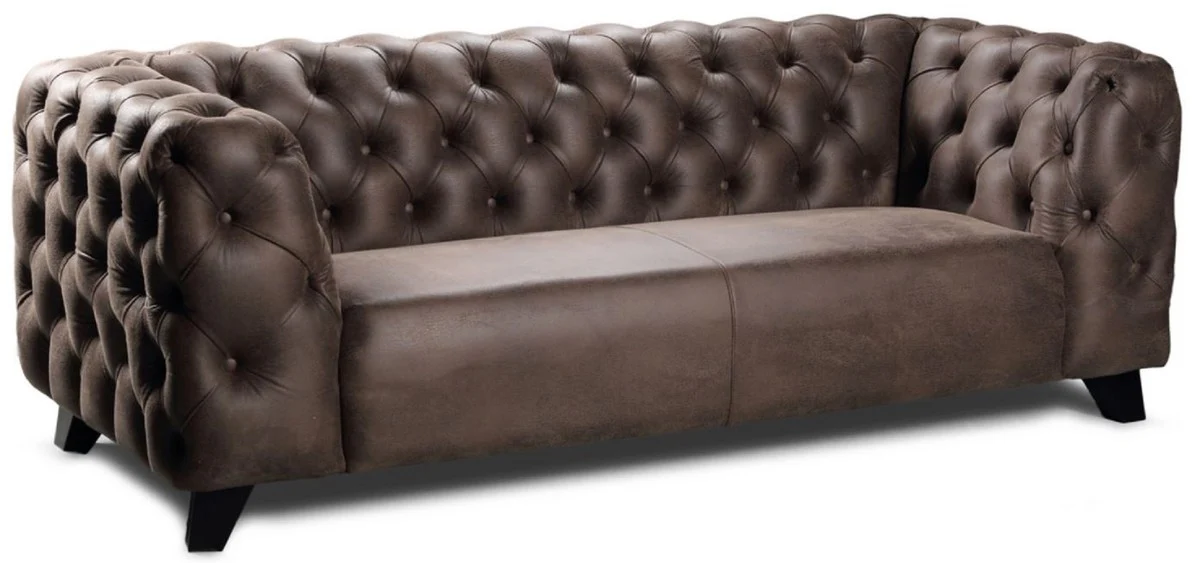 Luxus Chesterfield Leder 3er Sofa Vintage Braun / Schwarz 217 x 95 x H. 80 cm - Echtleder Wohnzimmer Sofa - Chesterfield Wohnzimmer Möbel