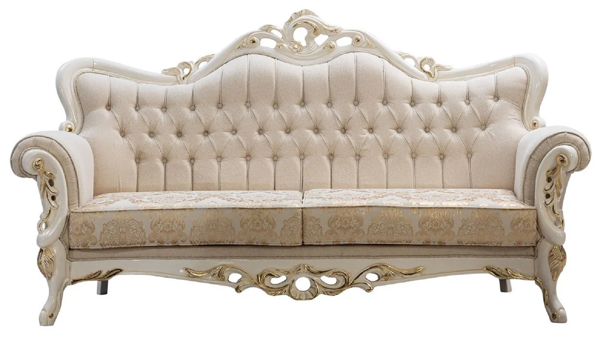 Luxus Barock Sofa Weiß / Gold - Barockstil Wohnzimmer Sofa mit elegantem Muster - Luxus Wohnzimmer Möbel im Barockstil - Barock Möbel - Barock Einrichtung