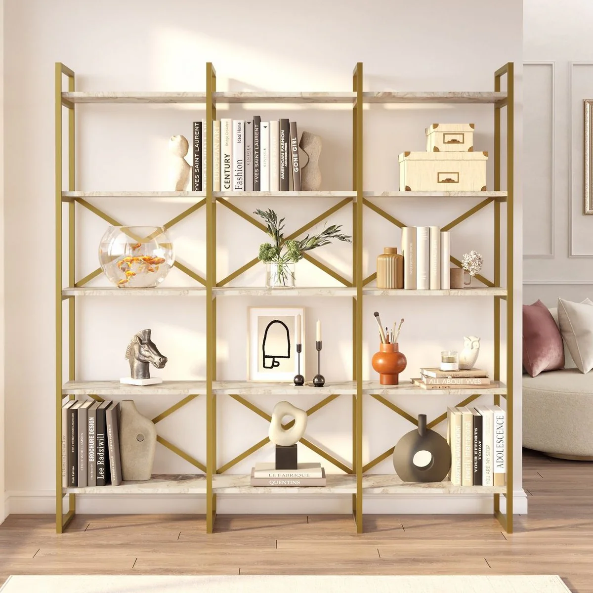 Luxus Regalschrank mit Marmor Regalen Gold / Weiß 170 x 30 x H. 175 cm - Bücherschrank - Wohnzimmer Schrank - Büro Schrank - Wohnzimmer Möbel - Büro Möbel - Luxus Möbel