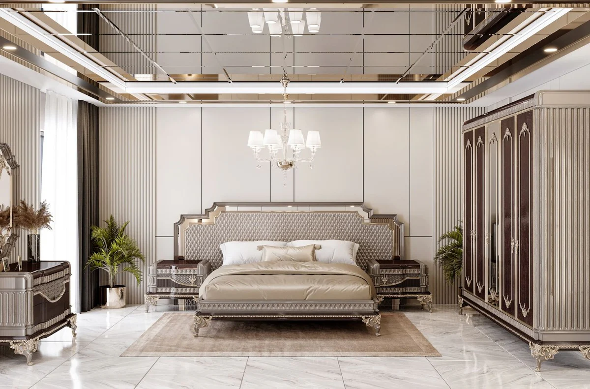 Luxus Barock Schlafzimmer Schrank Dunkelbraun / Grau / Gold