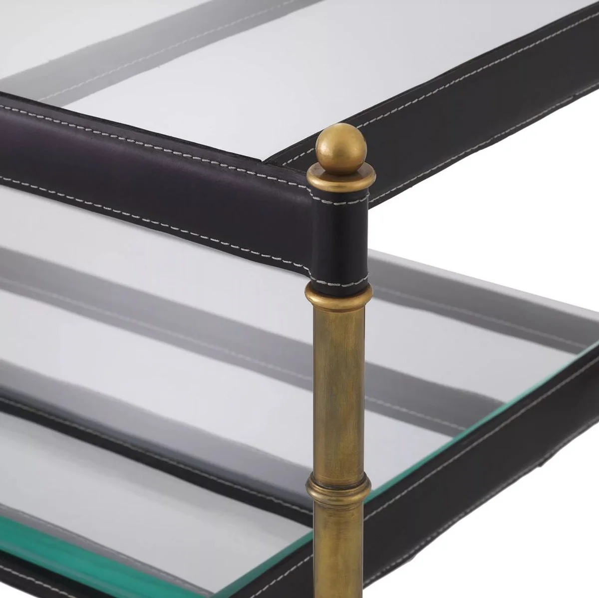 Luxus Couchtisch Vintage Messingfarben / Schwarz 95 x 42 x H. 46 cm - Moderner Wohnzimmertisch mit Glasplatten und Echtleder - Wohnzimmer Möbel - Luxus Möbel