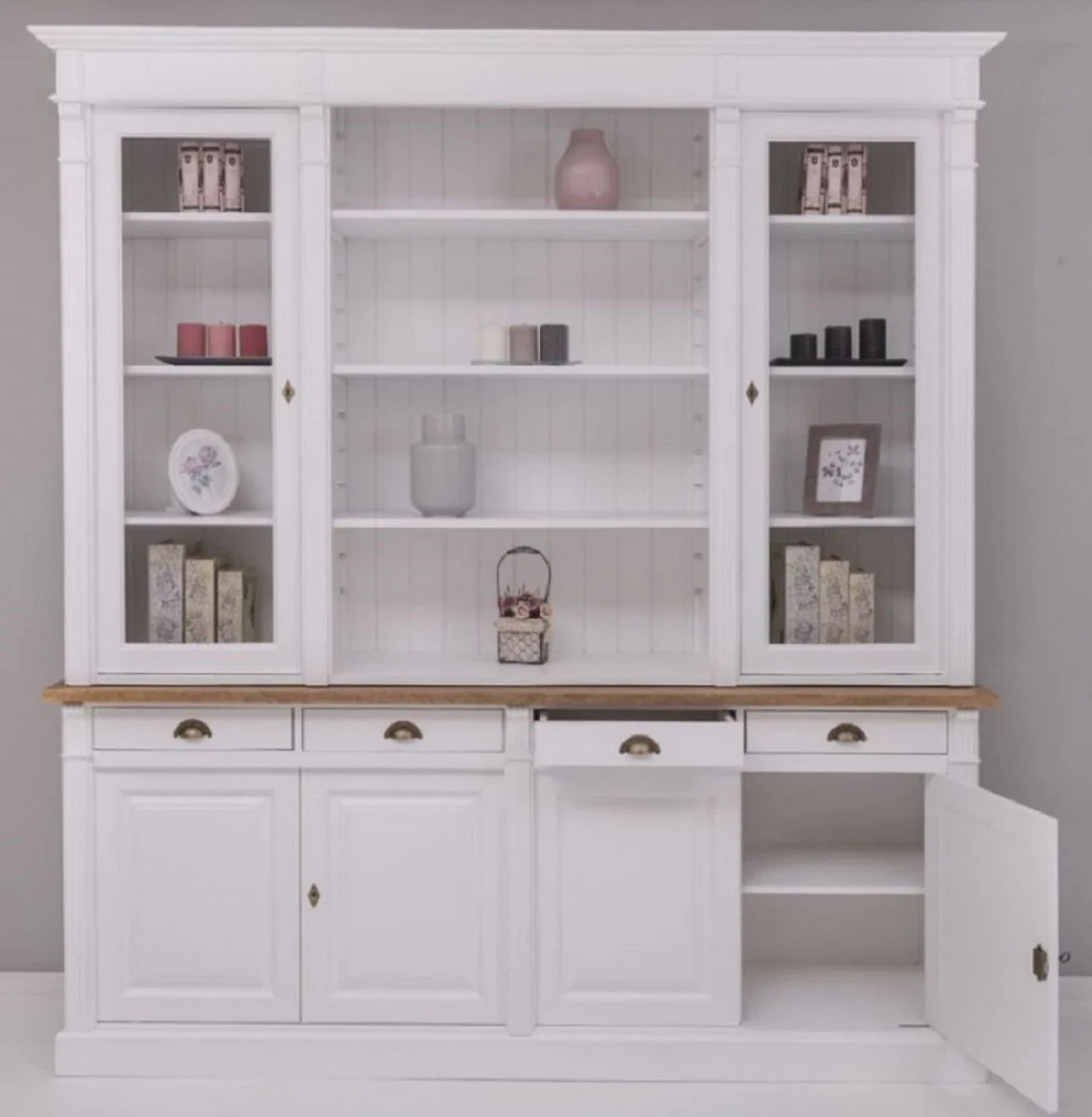 Landhausstil Esszimmerschrank Weiß / Braun 223 x 51 x H. 240 cm - Massivholz Schrank - Küchenschrank - Landhausstil Esszimmer Möbel