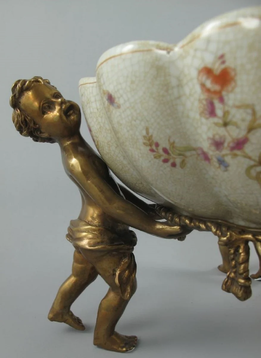 Jugendstil Porzellan Schale mit 4 dekorativen Engelsfiguren Cremefarben / Mehrfarbig / Messingfarben 40 x 30 x H. 17 cm - Barock & Jugendstil Deko Accessoires