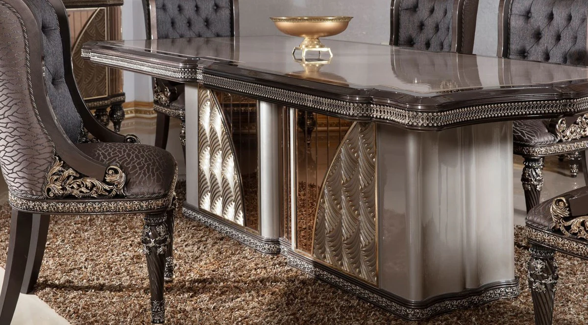 Luxus Barock Esstisch Grau / Dunkelbraun / Gold - Rechteckiger Barockstil Küchentisch - Luxus Esszimmer Möbel im Barockstil - Barock Esszimmer Möbel - Barock Einrichtung