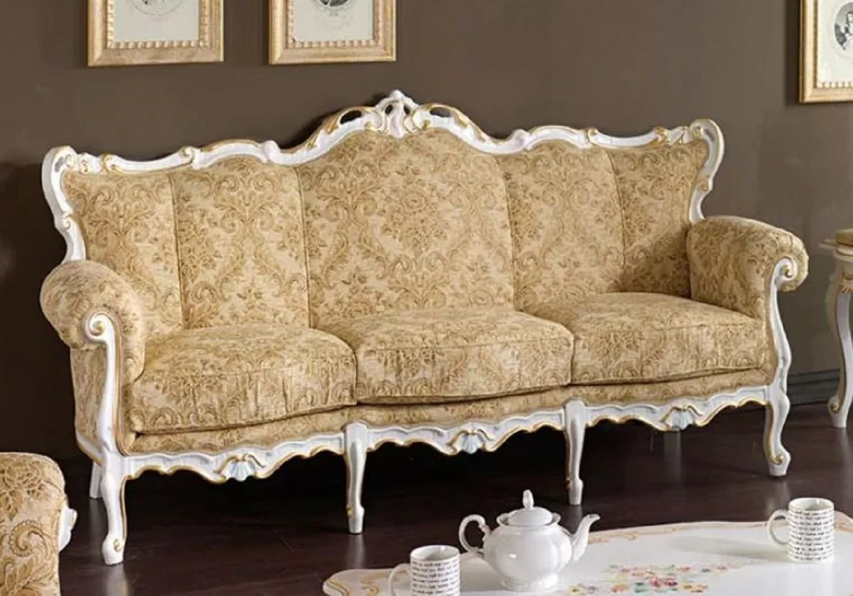Luxus Barock Sofa Beige / Weiß / Gold - Handgefertigtes Wohnzimmer Sofa im Barockstil - Barock Wohnzimmer & Hotel Möbel - Luxus Qualität - Made in Italy
