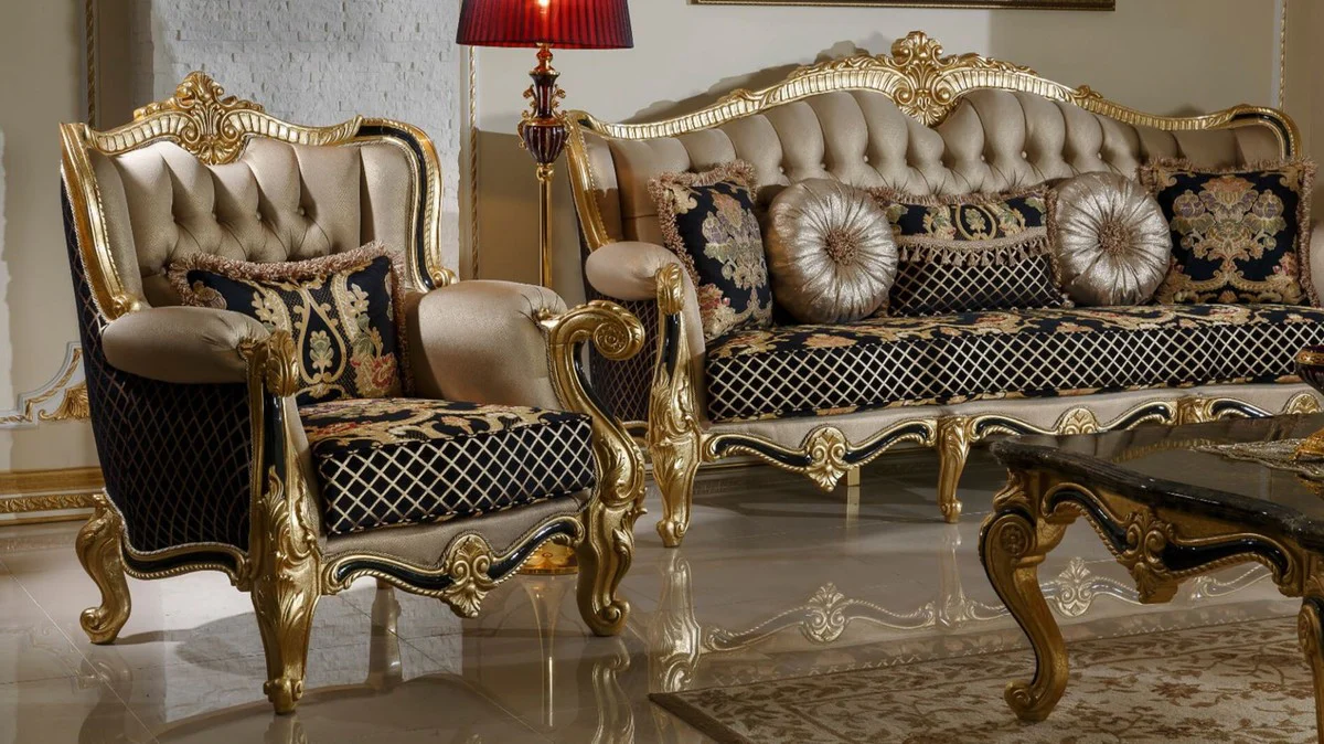 Luxus Barock Sofa Gold / Schwarz / Mehrfarbig / Gold - Prunkvolles Wohnzimmer Sofa mit elegantem Muster - Barock Wohnzimmer Möbel