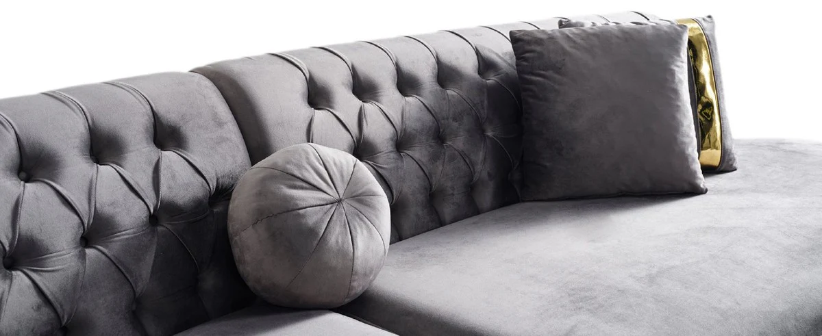 Luxus Samt 4er Sofa Grau / Gold 330 x 120 x H. 76 cm - Wohnzimmer Sofa mit edlem Samtstoff - Wohnzimmer Möbel - Luxus Möbel - Wohnzimmer Einrichtung - Luxus Einrichtung